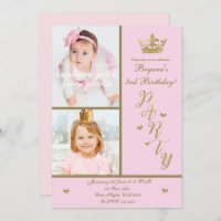 Pink & Gold Hearts Princess Crown 2 Photo Party Invitation