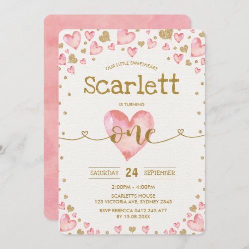 Pink Gold Hearts Sweetheart 1st Birthday Invite