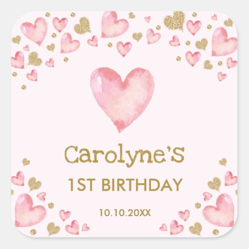 Pink Gold Hearts Sweetheart Birthday Baby Shower Square Sticker