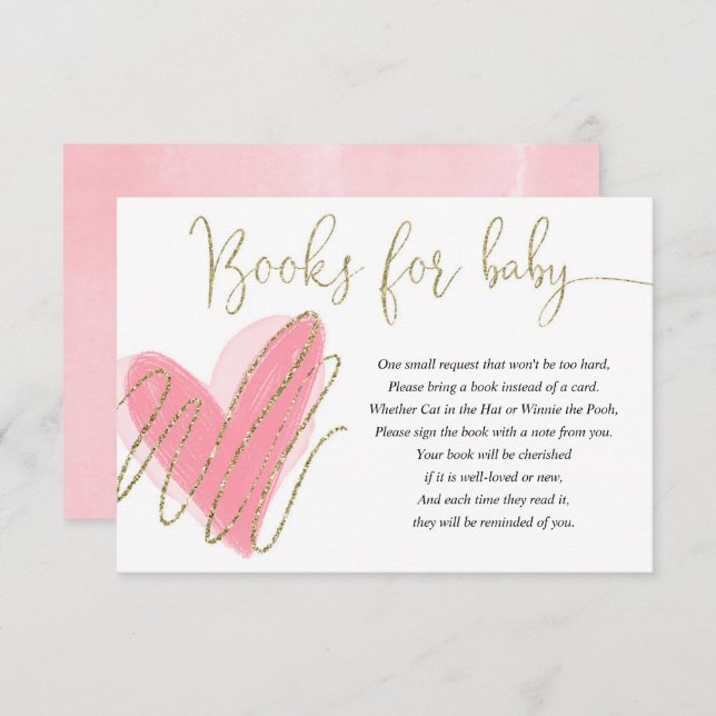 Pink gold hearts valentines girl books for baby enclosure card (Front/Back)