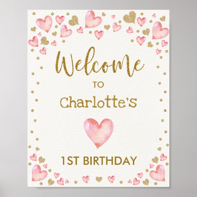 Pink Gold Hearts Welcome Sign First 1st Birthday (Front)
