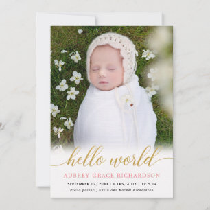 Pink gold hello world baby girl announcement