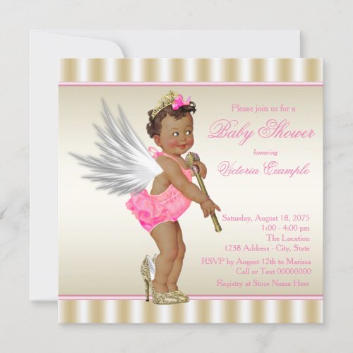 Pink Gold High Heel Angel Ethnic Baby Girl Shower Invitation