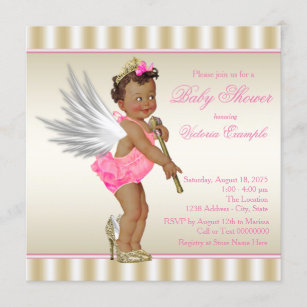 Pink Gold High Heel Angel Ethnic Baby Girl Shower Invitation