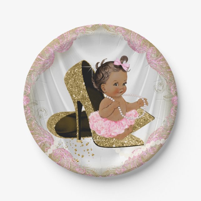 Pink Gold High Heel Ethnic Baby Shower Paper Plates (Front)