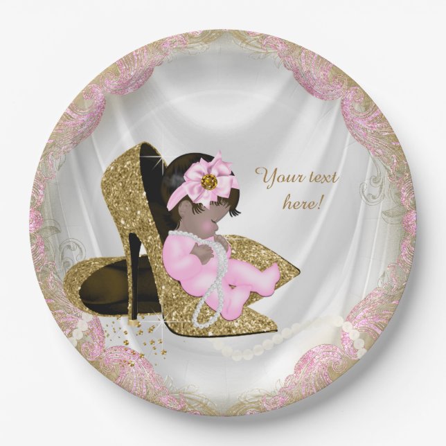 Pink Gold High Heel Ethnic Girl Baby Shower Paper Plates (Front)