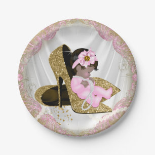 Pink Gold High Heel Ethnic Girl Baby Shower Paper Plates