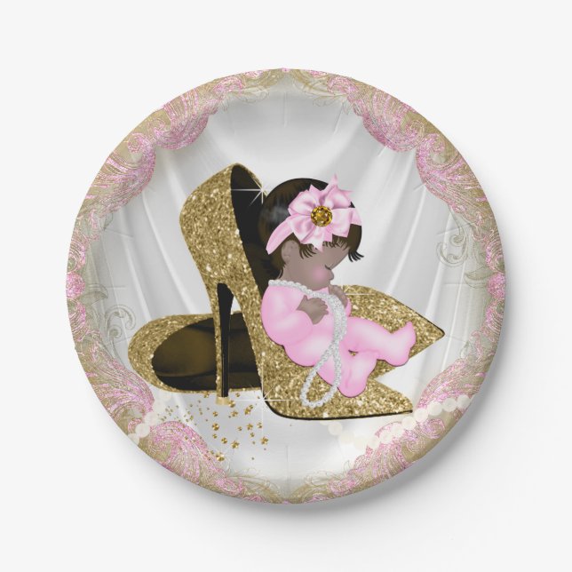 Pink Gold High Heel Ethnic Girl Baby Shower Paper Plates (Front)