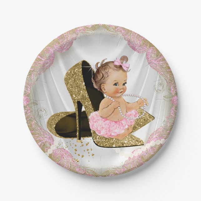 Pink Gold High Heel Girl Baby Shower Paper Plates (Front)