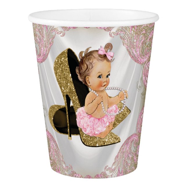 Pink Gold High Heel Shoe Brunette Girl Baby Shower Paper Cup (Front)
