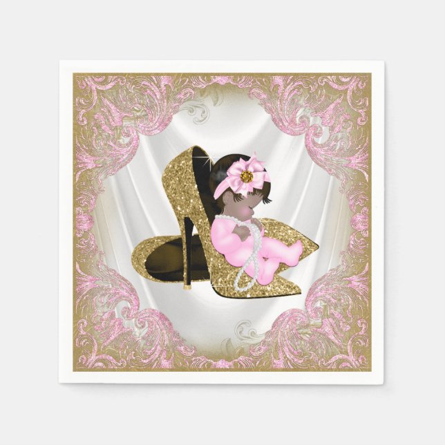 Pink Gold High Heel Shoe Ethnic Girl Baby Shower Napkins (Front)