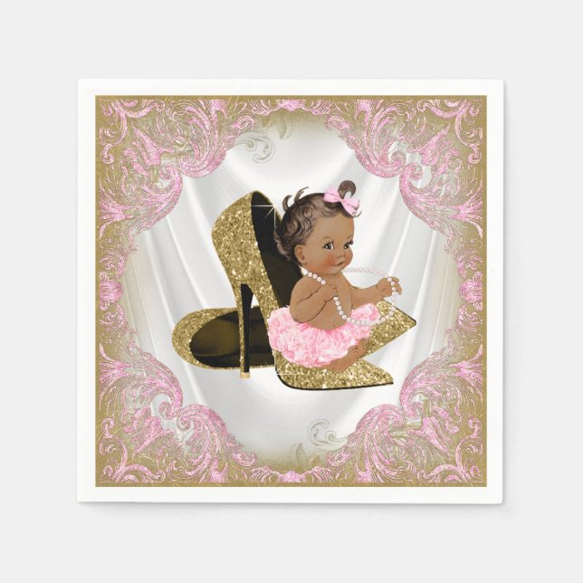 Pink Gold High Heel Shoe Etnic Girl Baby Shower Napkins (Front)