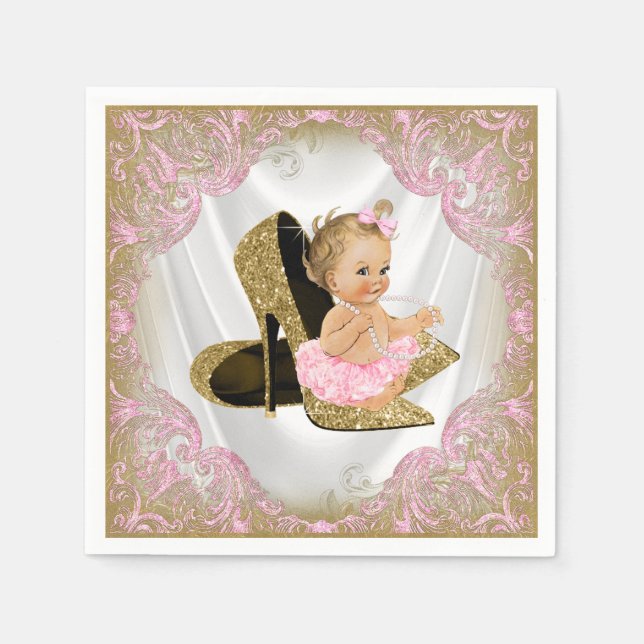 Pink Gold High Heel Shoe Pearl Girl Baby Shower Napkins (Front)