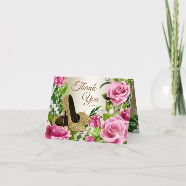 Pink Gold High Heel Shoe Roses Thank You Cards (Front)