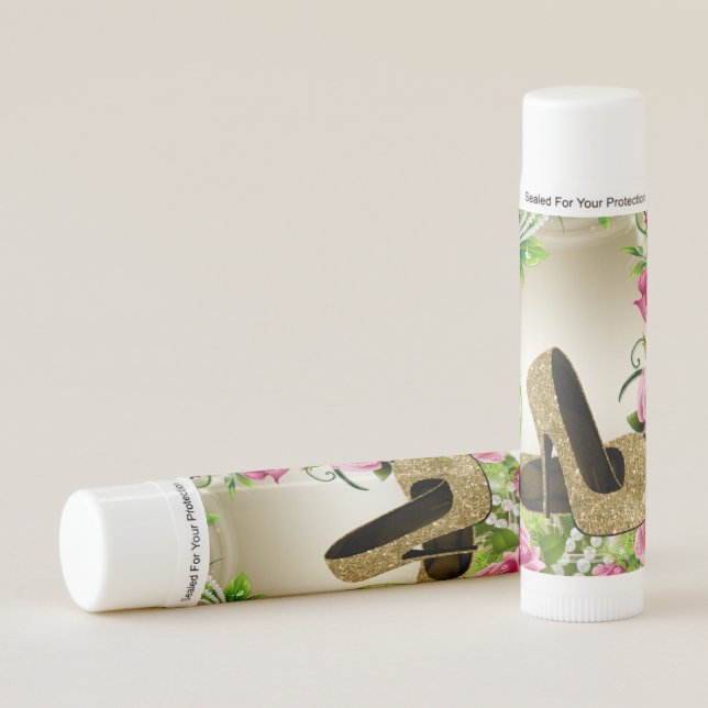 Pink Gold High Heel Shoes Lip Balm Party Favor (Front)