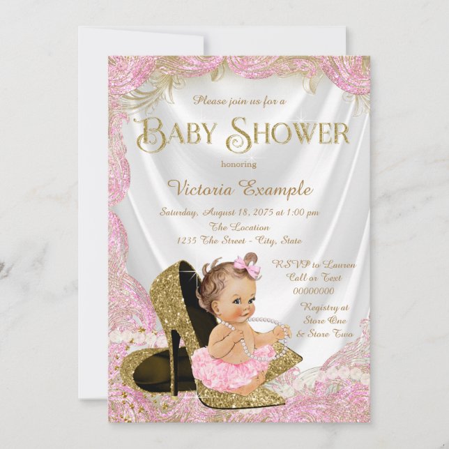 Pink Gold High Heel Shoes Pearls Baby Shower Invitation (Front)