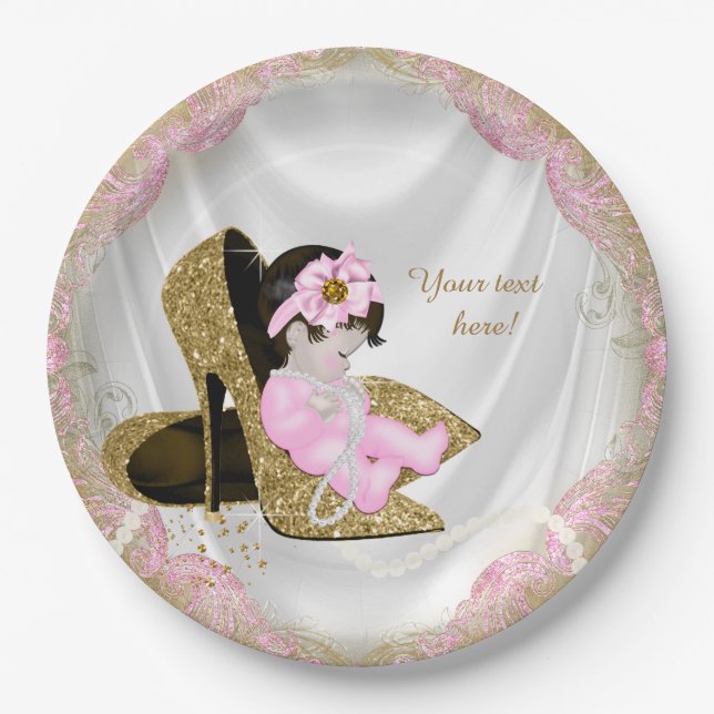 Pink Gold High Heels Pearls Girl Baby Shower Paper Plates (Front)
