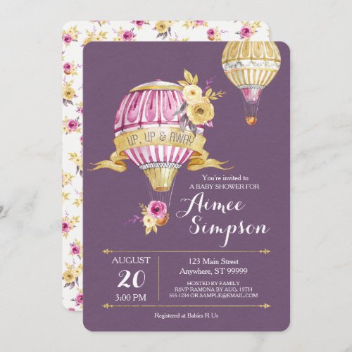 Pink Gold Hot Air Balloon Baby Shower Invitation