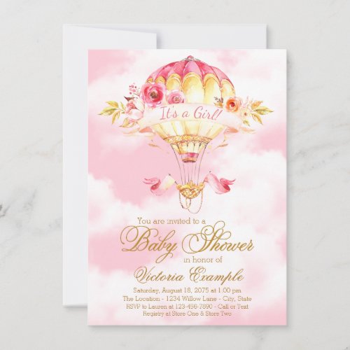 Pink Gold Hot Air Balloon Baby Shower Invitations