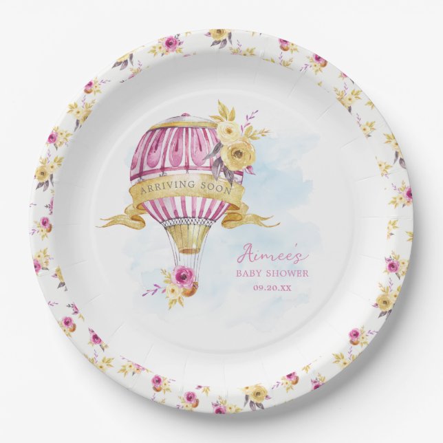 Pink Gold Hot Air Balloon Baby Shower Personalized Paper Plates (Front)
