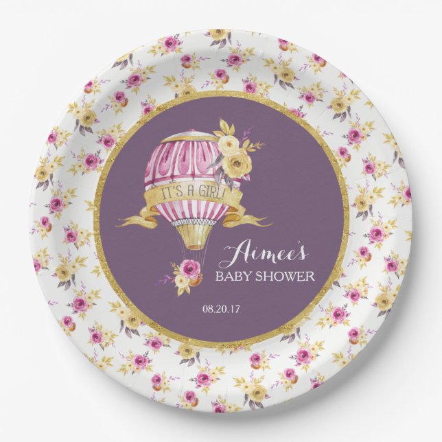 Pink+Gold Hot Air Balloon Baby Shower Personalized Paper Plates (Front)