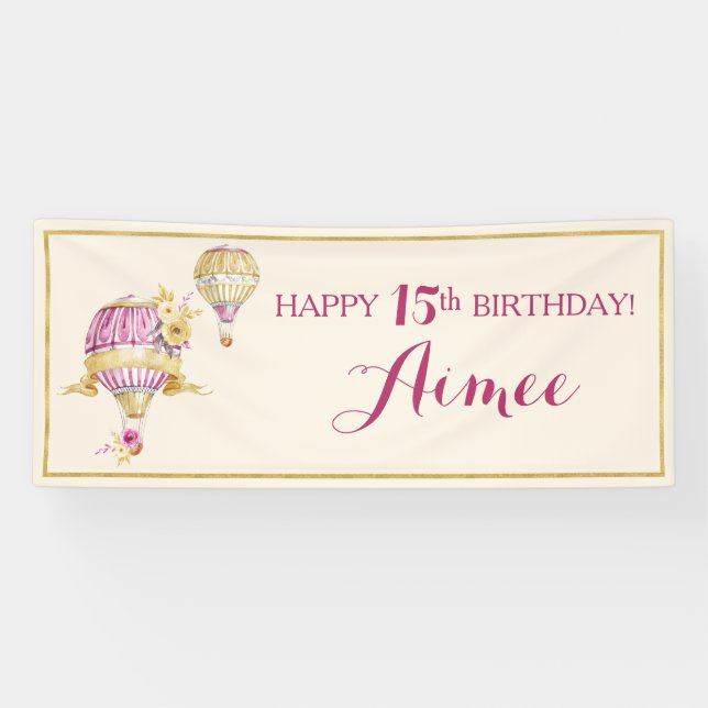 Pink+Gold Hot Air Balloon Birthday Banner (Horizontal)