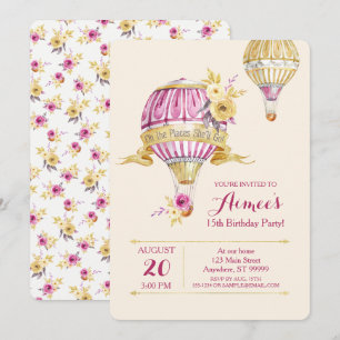 Pink+Gold Hot Air Balloon Birthday Invitation