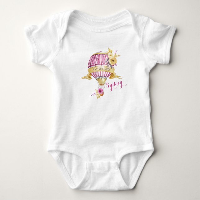 Pink+Gold Hot Air Balloon "I've Arrived!" Baby Bodysuit (Front)