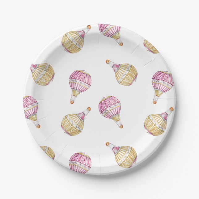 Pink Gold Hot Air Balloons Baby Shower Paper Plates (Front)