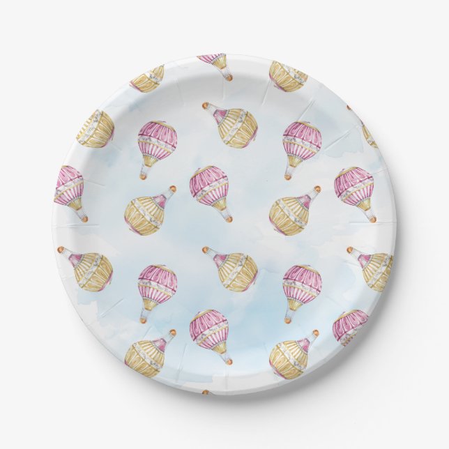 Pink Gold Hot Air Balloons Baby Shower Paper Plates (Front)