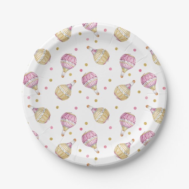 Pink Gold Hot Air Balloons Baby Shower Paper Plates (Front)