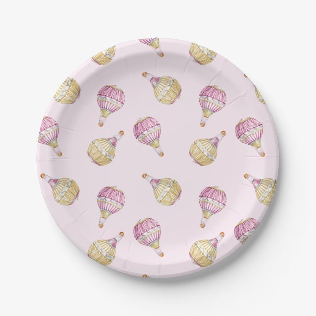 Pink Gold Hot Air Balloons Baby Shower Paper Plates (Front)