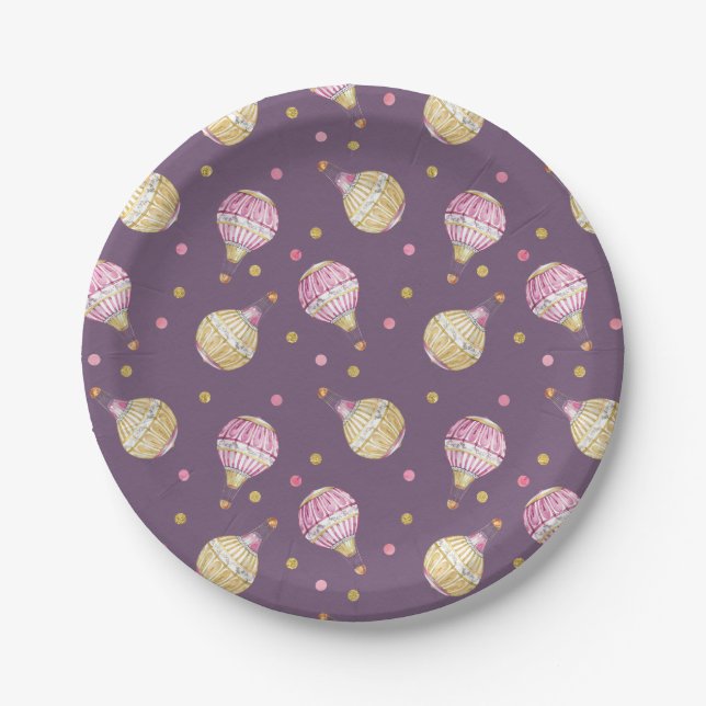 Pink+Gold Hot Air Balloons Baby Shower Paper Plates (Front)