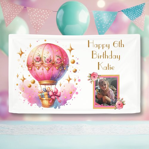 Pink Gold Hot Air Balloons Personalized Birthday Banner