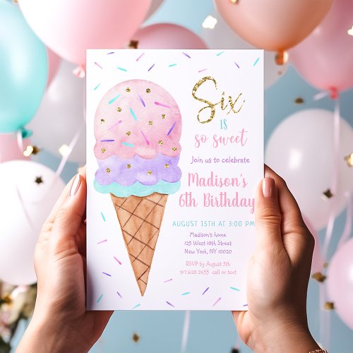 Pink Gold Ice 6th Cream Birthday Invitation