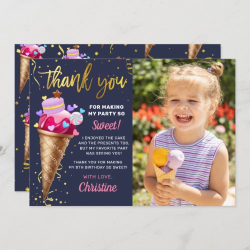 Pink Gold Ice Cream Birthday Navy Blue Photo Thank You Card