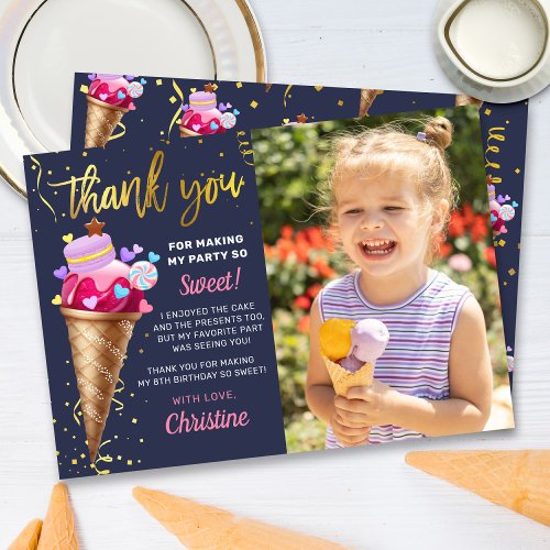 Pink Gold Ice Cream Birthday Navy Blue Photo Thank You Card