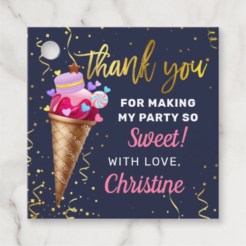 Pink Gold Ice Cream Birthday Navy Blue Thank You Favor Tags