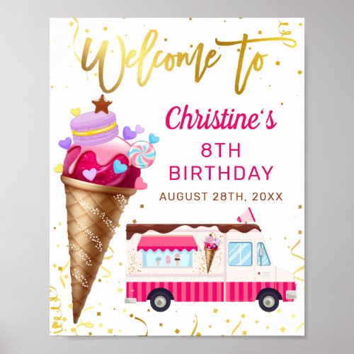 Pink Gold Ice Cream Truck Birthday Party Welcome Poster