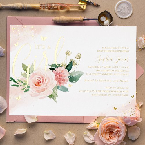 Pink Gold Its A Girl Baby Shower  Foil Invitation