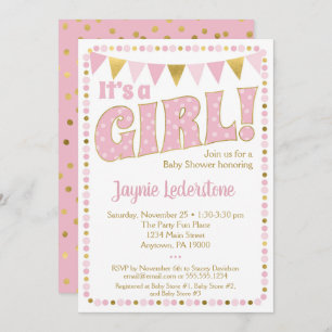 Pink Gold It's A Girl Baby Shower Invitation Dots