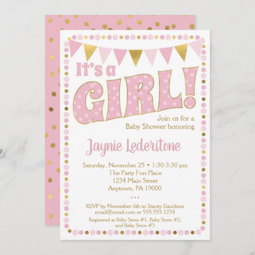 Pink Gold Its A Girl Baby Shower Invitation Dots