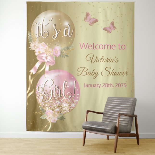 Pink Gold Its a Girl Baby Shower XL Backdrop (In Situ)