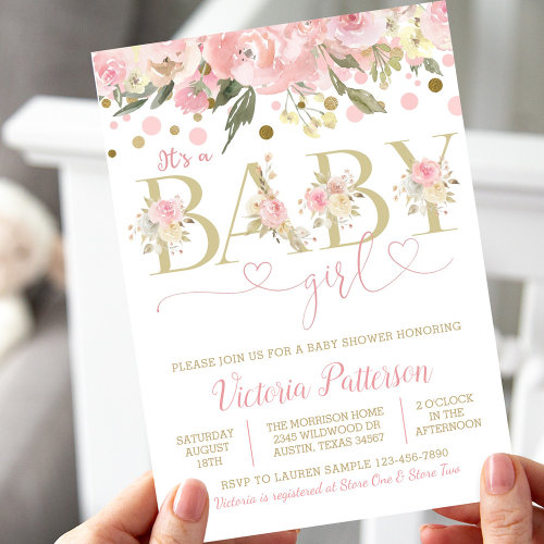 Pink Gold Its A Girl Watercolor Floral Baby Shower