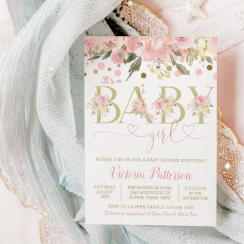 Pink Gold Its A Girl Watercolor Floral Baby Shower Invitation by The_Baby_Boutique at Zazzle