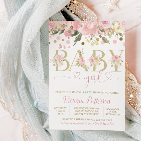 Pink Gold Its A Girl Watercolor Floral Baby Shower Invitation
