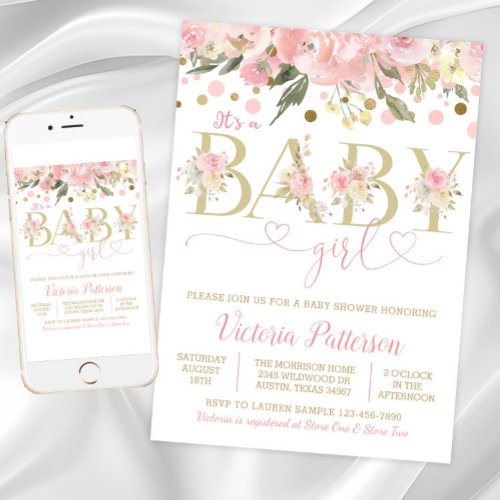 Pink Gold Its A Girl Watercolor Floral Baby Shower Invitation