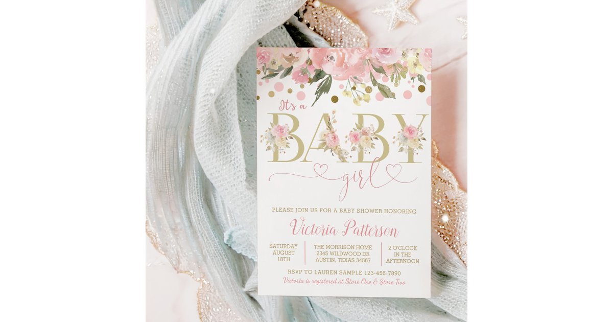 Pink Gold Its A Girl Watercolor Floral Baby Shower Invitation | Zazzle