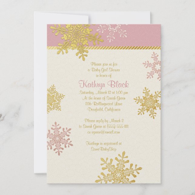 Pink Gold Ivory Snowflake Winter Baby Shower Invitation (Front)