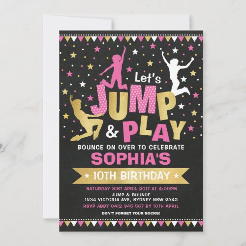 Pink Gold Jump Birthday Trampoline Bounce House Invitation